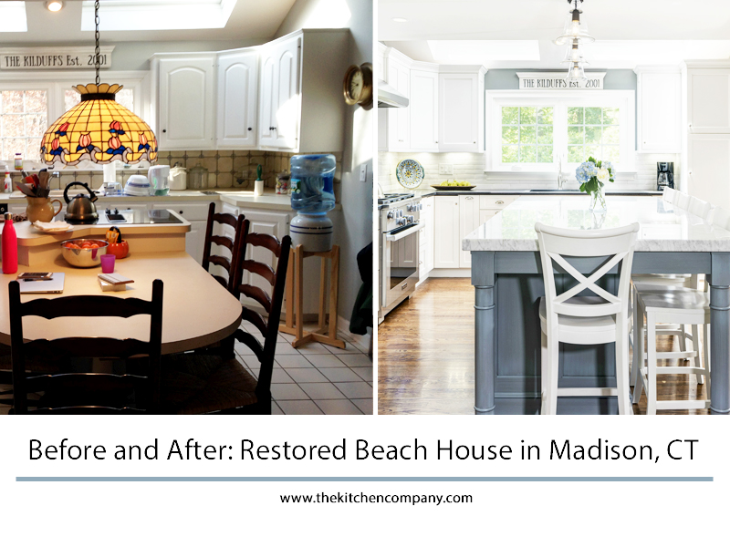 before and after of beach house kitchen in Madison, CT